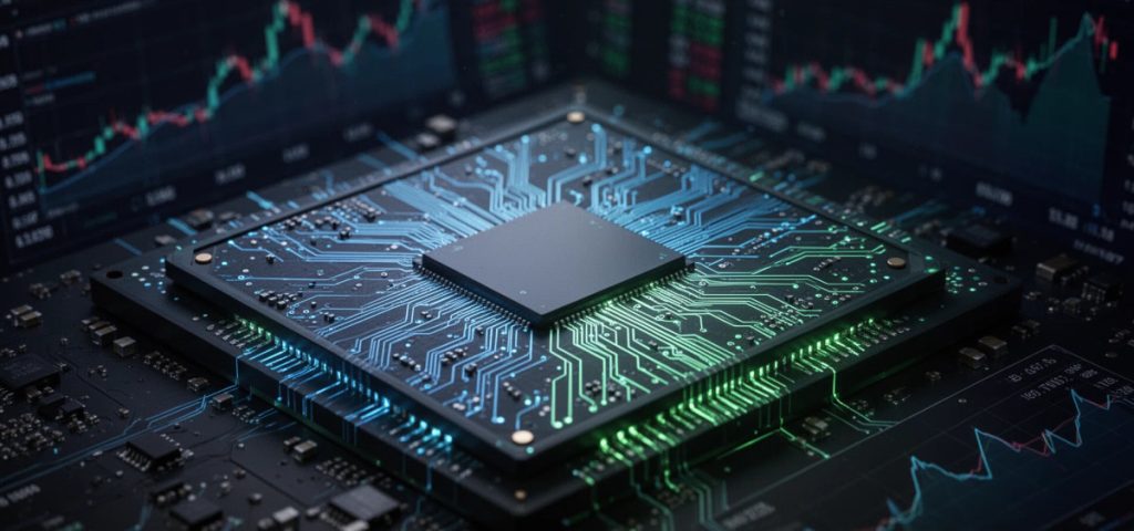 AI-Chip-Bubble 2026: Halbleiter-Prozessor vor steigenden und fallenden Aktien-Charts symbolisiert die mathematische Größe der Bewertungs-Blase im KI-Sektor