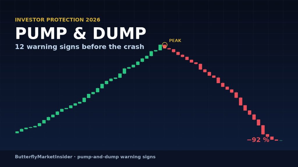 Stock chart showing pump phase, peak, and dump crash