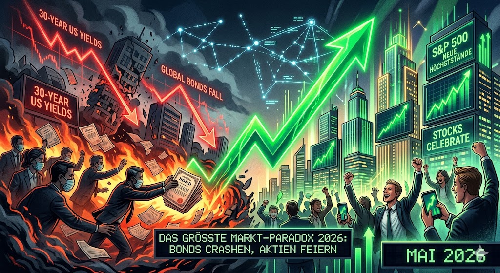 Symbolbild: Globale Anleihen brennen während Aktien-Wolkenkratzer mit grünem Pfeil neue Höchststände markieren – das Markt-Paradox vom Mai 2026
