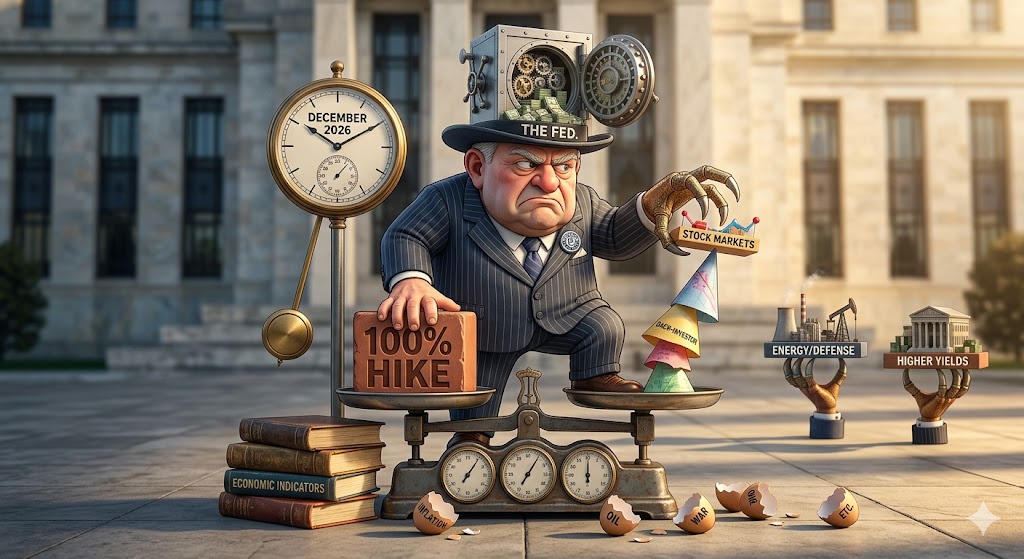 Fed-Chef-Karikatur balanciert 100% HIKE Stein gegen Aktienmarkt-Berg auf einer Waage vor dem Federal Reserve-Gebäude mit Dezember 2026 Uhr