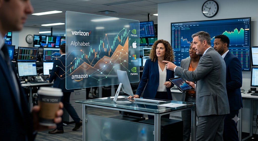 Alphabet ersetzt Verizon im Dow Jones Industrial Average — Wall-Street-Handelsraum mit allen fünf US-Tech-Giganten (Apple, Microsoft, Amazon, Nvidia, Alphabet)