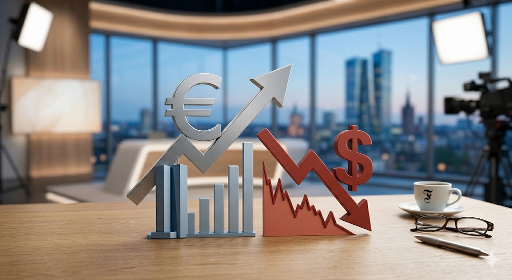 Euro-Aufwärtspfeil und Dollar-Abwärtspfeil vor EZB-Tower in Frankfurt