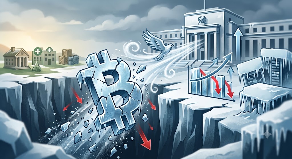 Zersplitterndes, vereistes Bitcoin-Symbol über einer Klippe – Kryptowinter vertieft sich