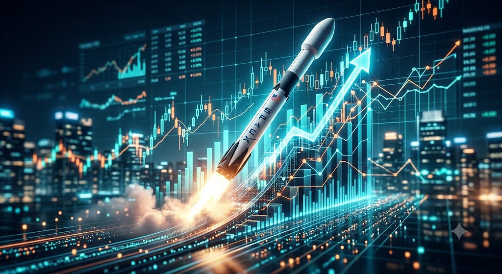 SpaceX rocket launching over a rising Nasdaq-100 stock chart